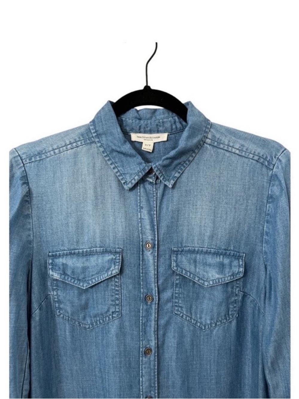 Beach Lunch Lounge Chambray Shirt Dress Blue Size S Long Sleeve Pocket Casual - Picture 5 of 6